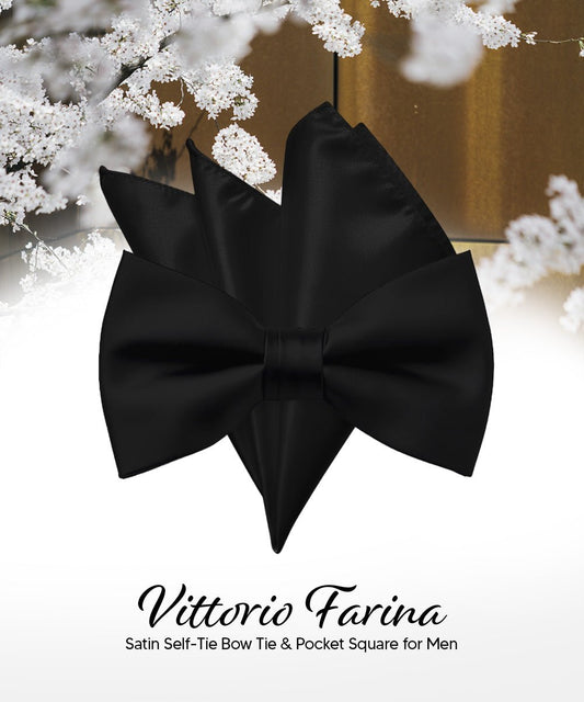 Vittorio Farina Men's Satin Self Tie Bow Tie & Pocket Square in Gift Box - Suits You Sir - Black -
