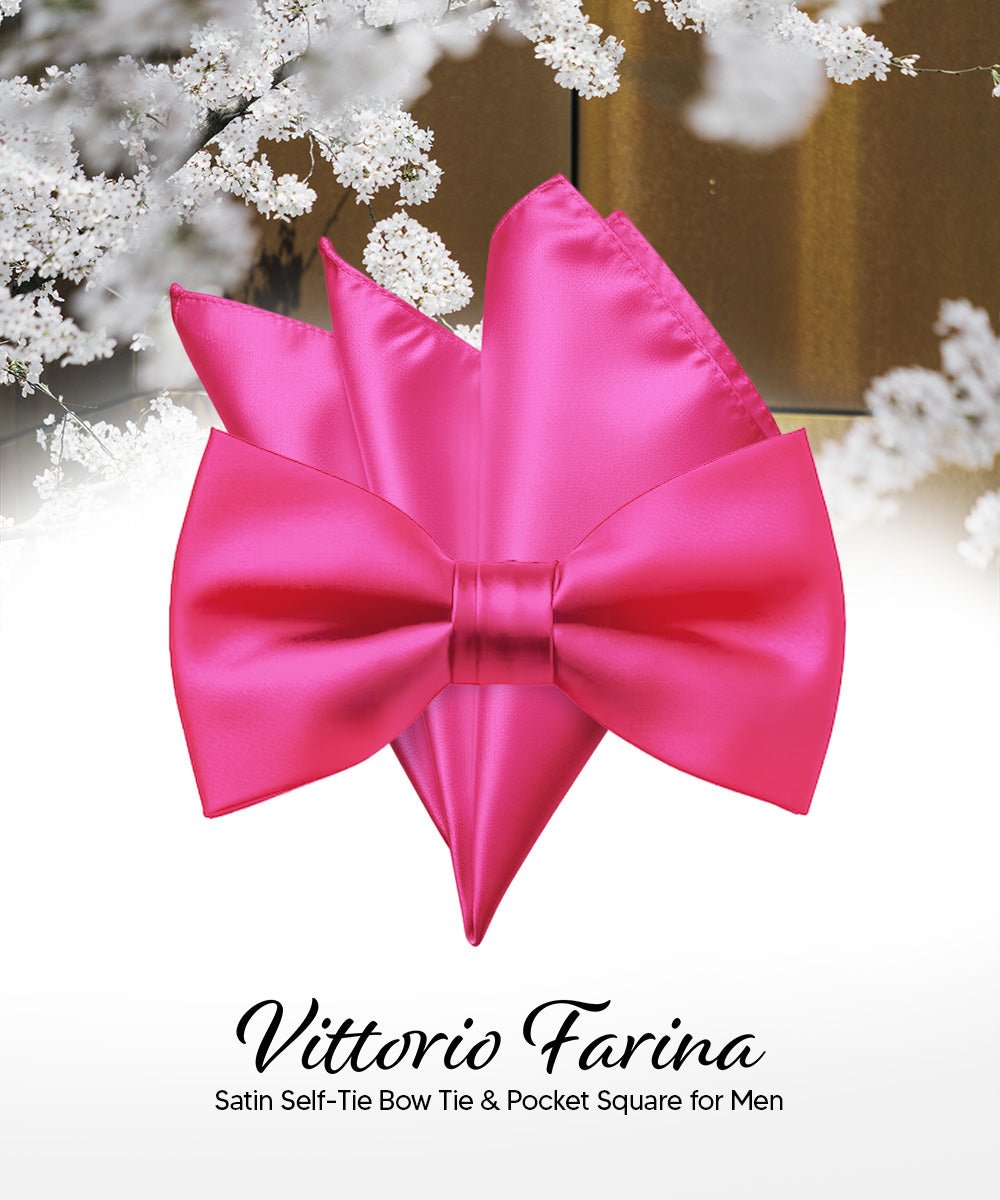 Vittorio Farina Men's Satin Self Tie Bow Tie & Pocket Square in Gift Box - Suits You Sir - Hot Pink -