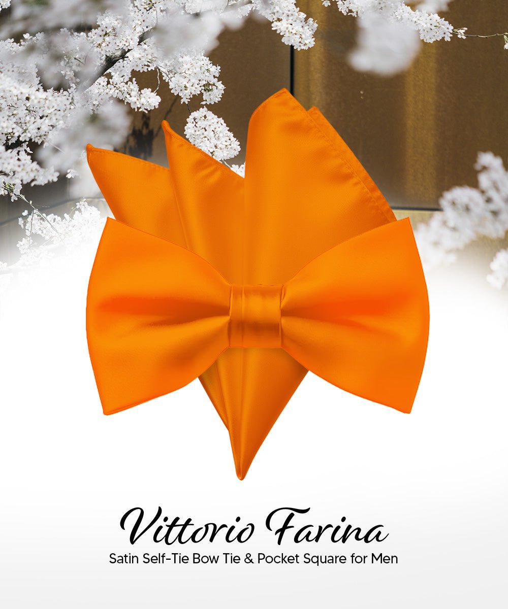 Vittorio Farina Men's Satin Self Tie Bow Tie & Pocket Square in Gift Box - Suits You Sir - Orange -
