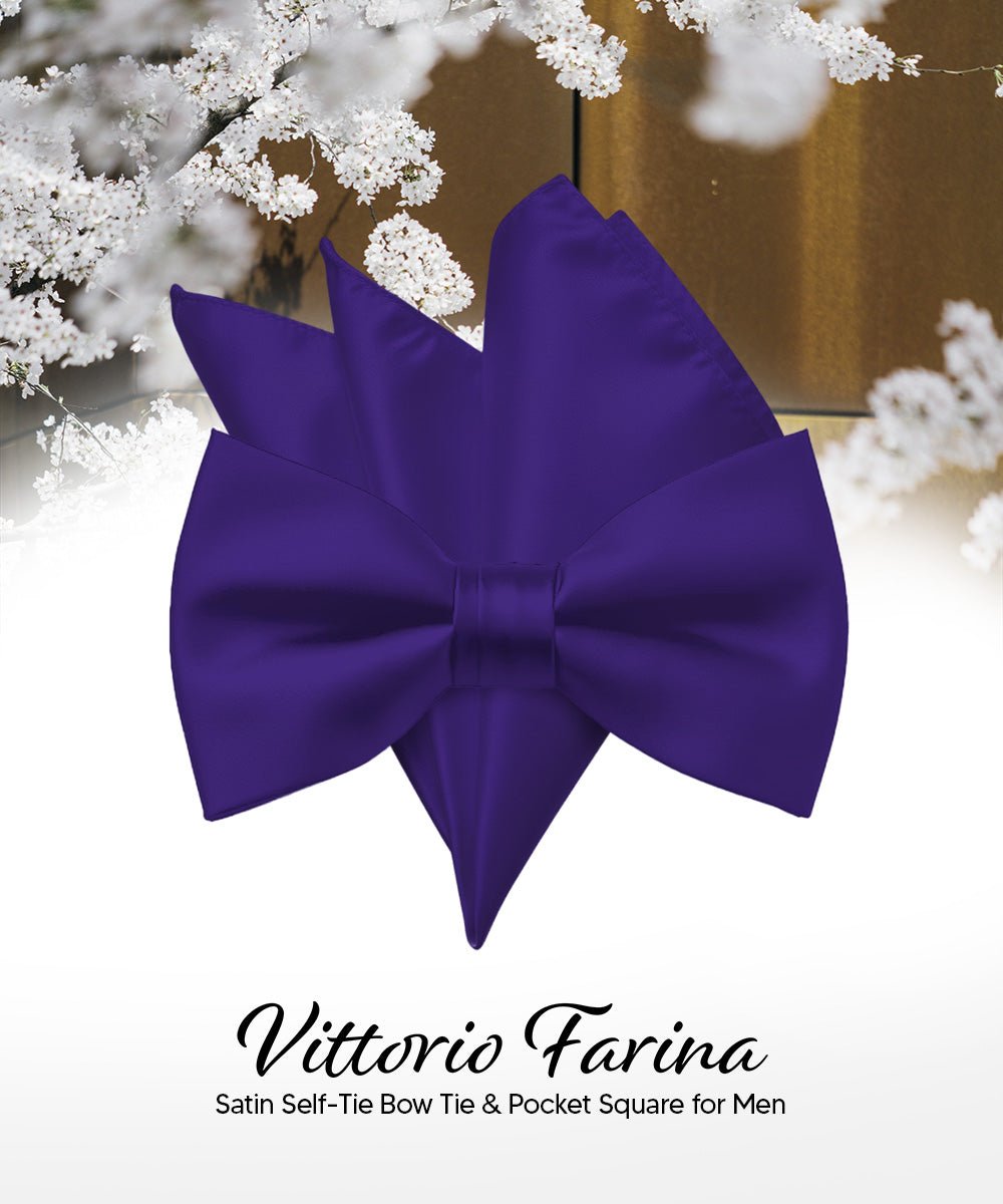 Vittorio Farina Men's Satin Self Tie Bow Tie & Pocket Square in Gift Box - Suits You Sir - Purple -