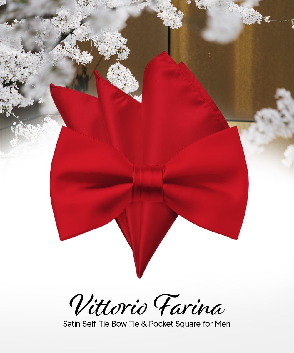 Vittorio Farina Men's Satin Self Tie Bow Tie & Pocket Square in Gift Box - Suits You Sir - Red -