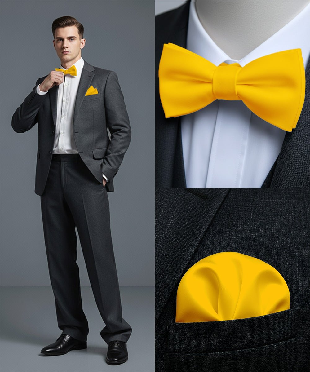Vittorio Farina Men's Satin Self Tie Bow Tie & Pocket Square in Gift Box - Suits You Sir - Yellow -