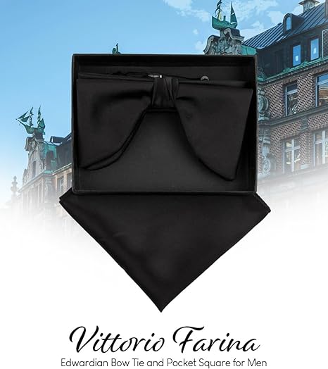 Vittorio Farina Men's Satin Teardrop Bow Tie & Pocket Square in Gift Box - Suits You Sir - Black -