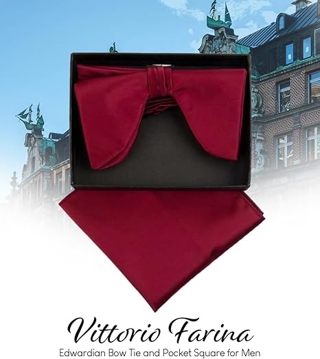 Vittorio Farina Men's Satin Teardrop Bow Tie & Pocket Square in Gift Box - Suits You Sir - Burgundy -