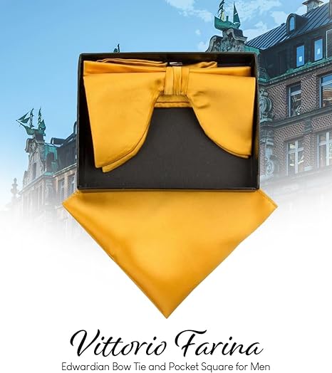 Vittorio Farina Men's Satin Teardrop Bow Tie & Pocket Square in Gift Box - Suits You Sir - Gold -