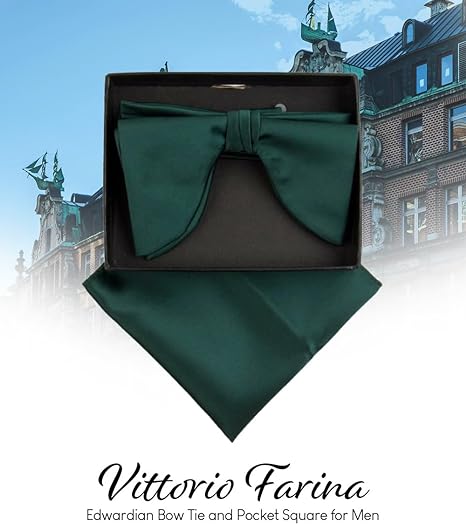 Vittorio Farina Men's Satin Teardrop Bow Tie & Pocket Square in Gift Box - Suits You Sir - Hunter Green -