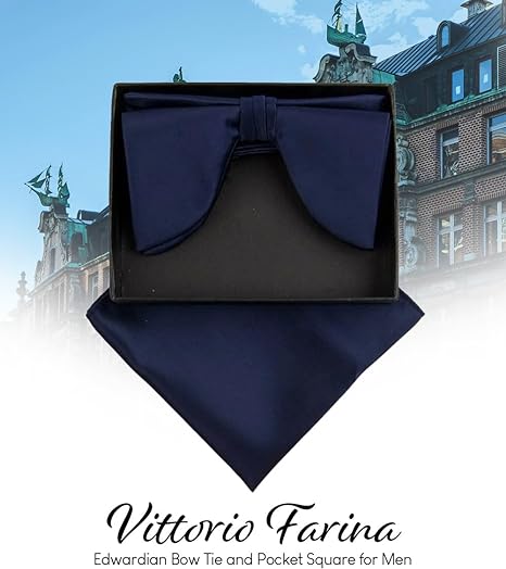 Vittorio Farina Men's Satin Teardrop Bow Tie & Pocket Square in Gift Box - Suits You Sir - Navy Blue -