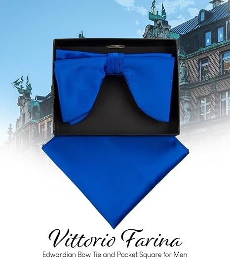 Vittorio Farina Men's Satin Teardrop Bow Tie & Pocket Square in Gift Box - Suits You Sir - Royal Blue -