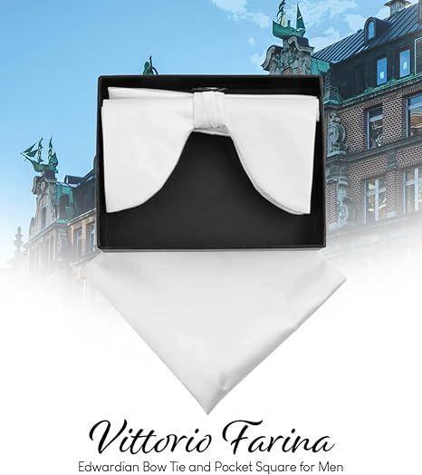 Vittorio Farina Men's Satin Teardrop Bow Tie & Pocket Square in Gift Box - Suits You Sir - White -
