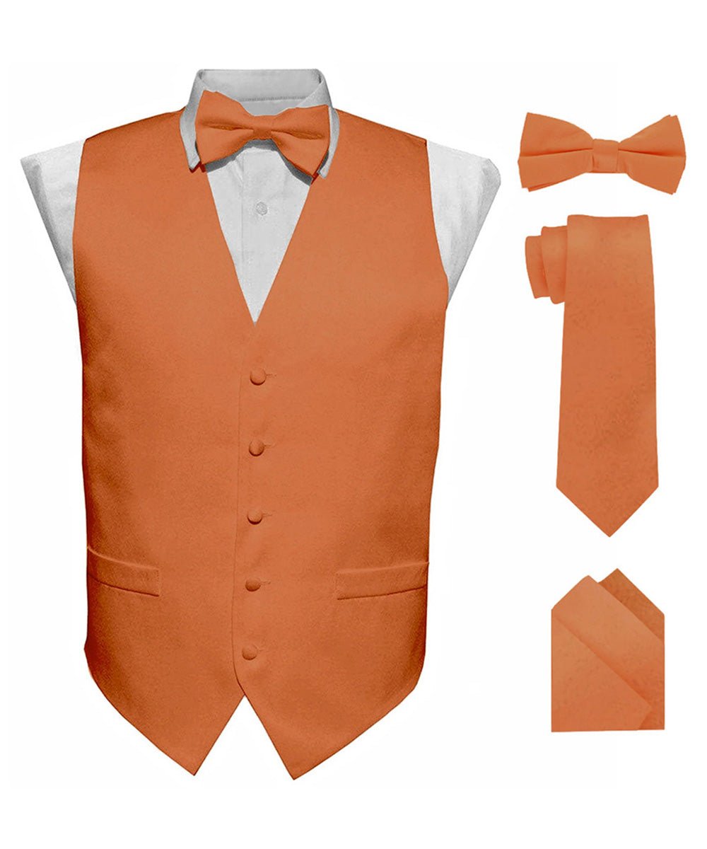 Vittorio Farina Men's Satin Vest, Necktie, Bow Tie and Pocket Square Set (Black Back) - Suits You Sir - Burnt Orange - XS