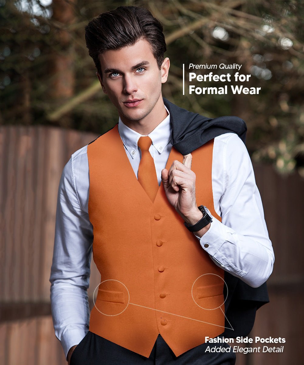 Vittorio Farina Men's Satin Vest, Necktie, Bow Tie and Pocket Square Set (Black Back) - Suits You Sir - Burnt Orange - XS