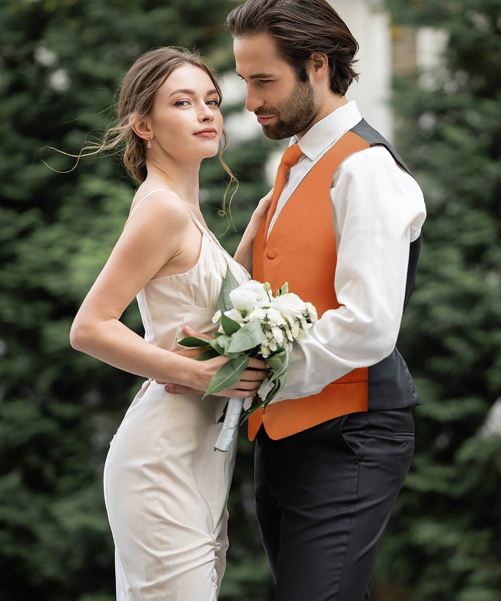 Vittorio Farina Men's Satin Vest, Necktie, Bow Tie and Pocket Square Set (Black Back) - Suits You Sir - Burnt Orange - XS