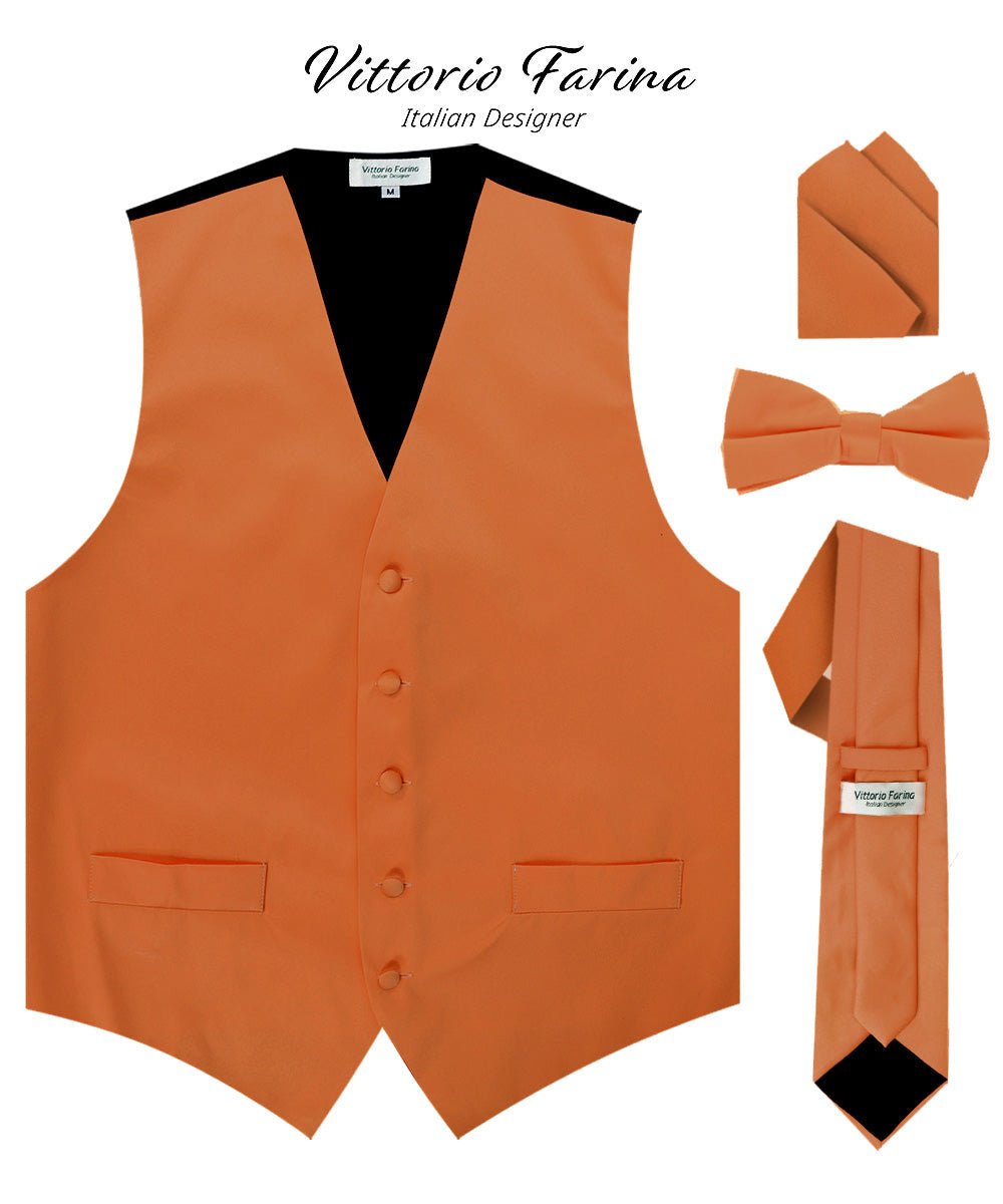 Vittorio Farina Men's Satin Vest, Necktie, Bow Tie and Pocket Square Set (Black Back) - Suits You Sir - Burnt Orange - XS