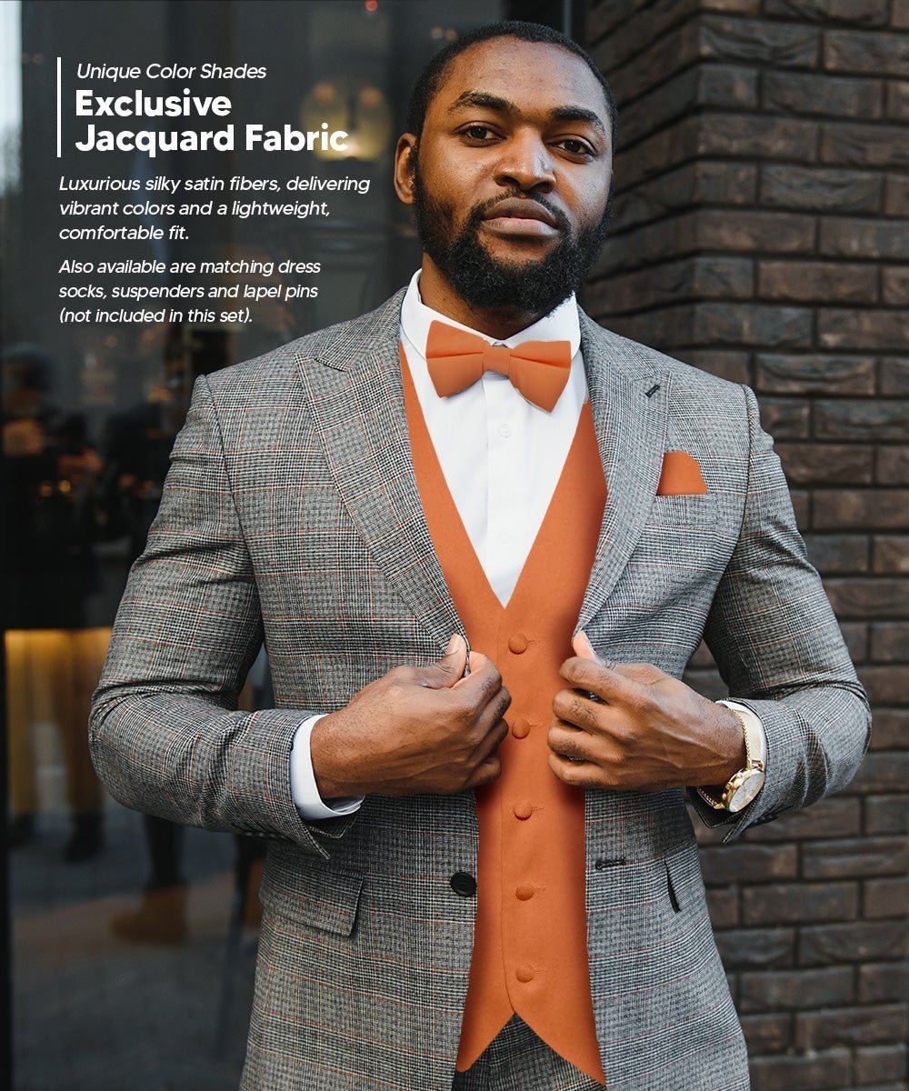Vittorio Farina Men's Satin Vest, Necktie, Bow Tie and Pocket Square Set (Black Back) - Suits You Sir - Burnt Orange - XS