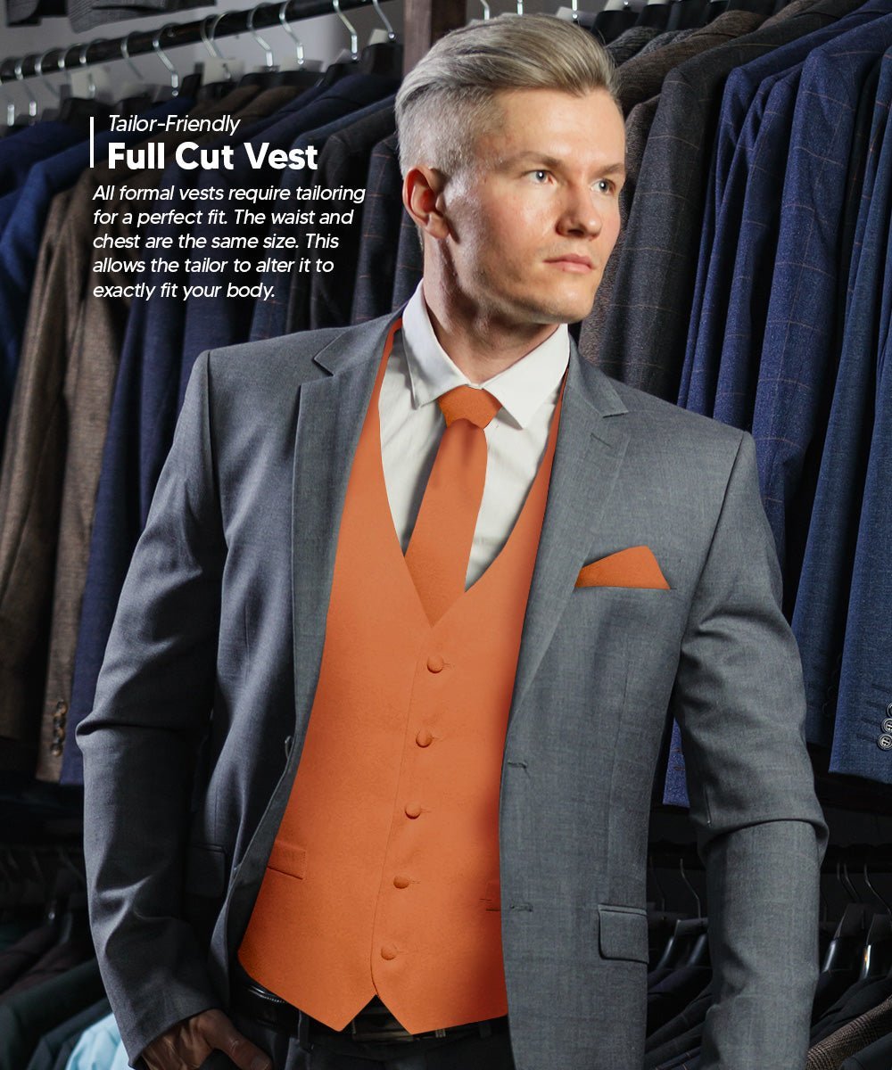 Vittorio Farina Men's Satin Vest, Necktie, Bow Tie and Pocket Square Set (Black Back) - Suits You Sir - Burnt Orange - XS