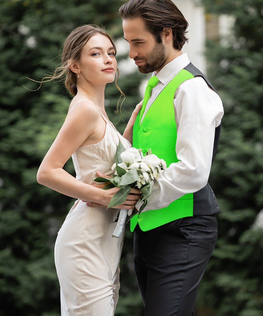 Vittorio Farina Men's Satin Vest, Necktie, Bow Tie and Pocket Square Set (Black Back) - Suits You Sir - Lime Green - XS