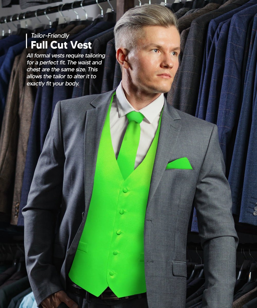 Vittorio Farina Men's Satin Vest, Necktie, Bow Tie and Pocket Square Set (Black Back) - Suits You Sir - Lime Green - XS