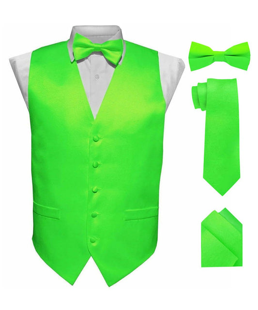 Vittorio Farina Men's Satin Vest, Necktie, Bow Tie and Pocket Square Set (Black Back) - Suits You Sir - Lime Green - XS