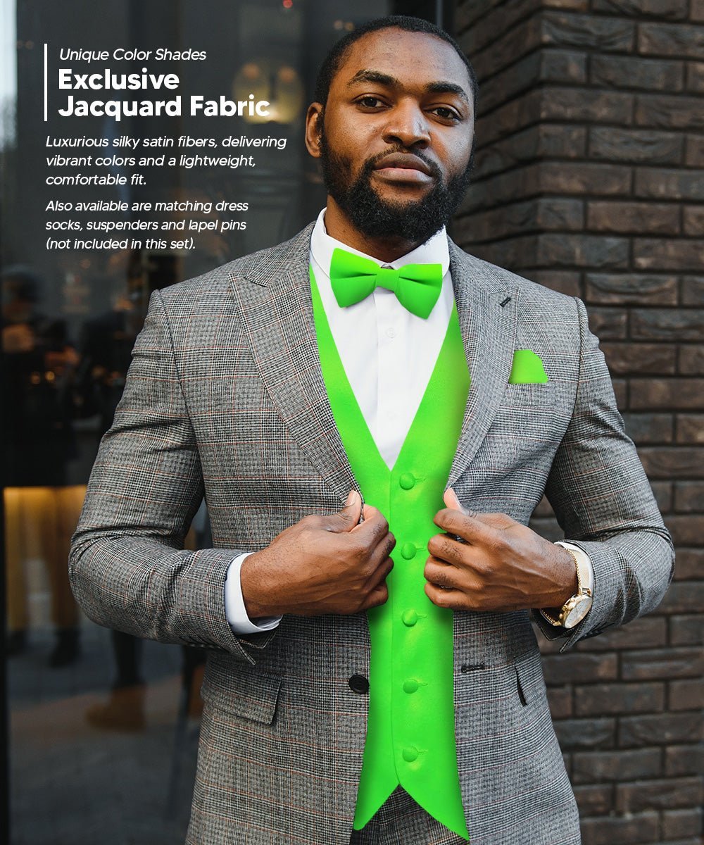 Vittorio Farina Men's Satin Vest, Necktie, Bow Tie and Pocket Square Set (Black Back) - Suits You Sir - Lime Green - XS