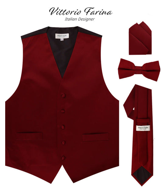 Vittorio Farina Men's Satin Vest, Necktie, Bow Tie and Pocket Square Set (Black Back) - Suits You Sir - Maroon - XS
