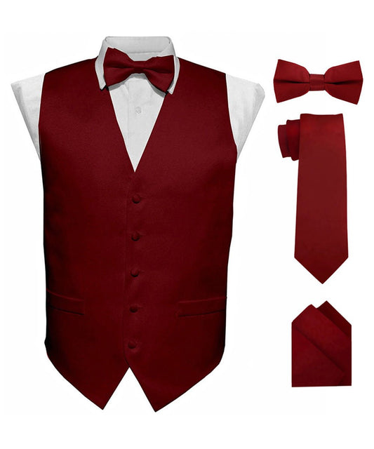 Vittorio Farina Men's Satin Vest, Necktie, Bow Tie and Pocket Square Set (Black Back) - Suits You Sir - Maroon - XS