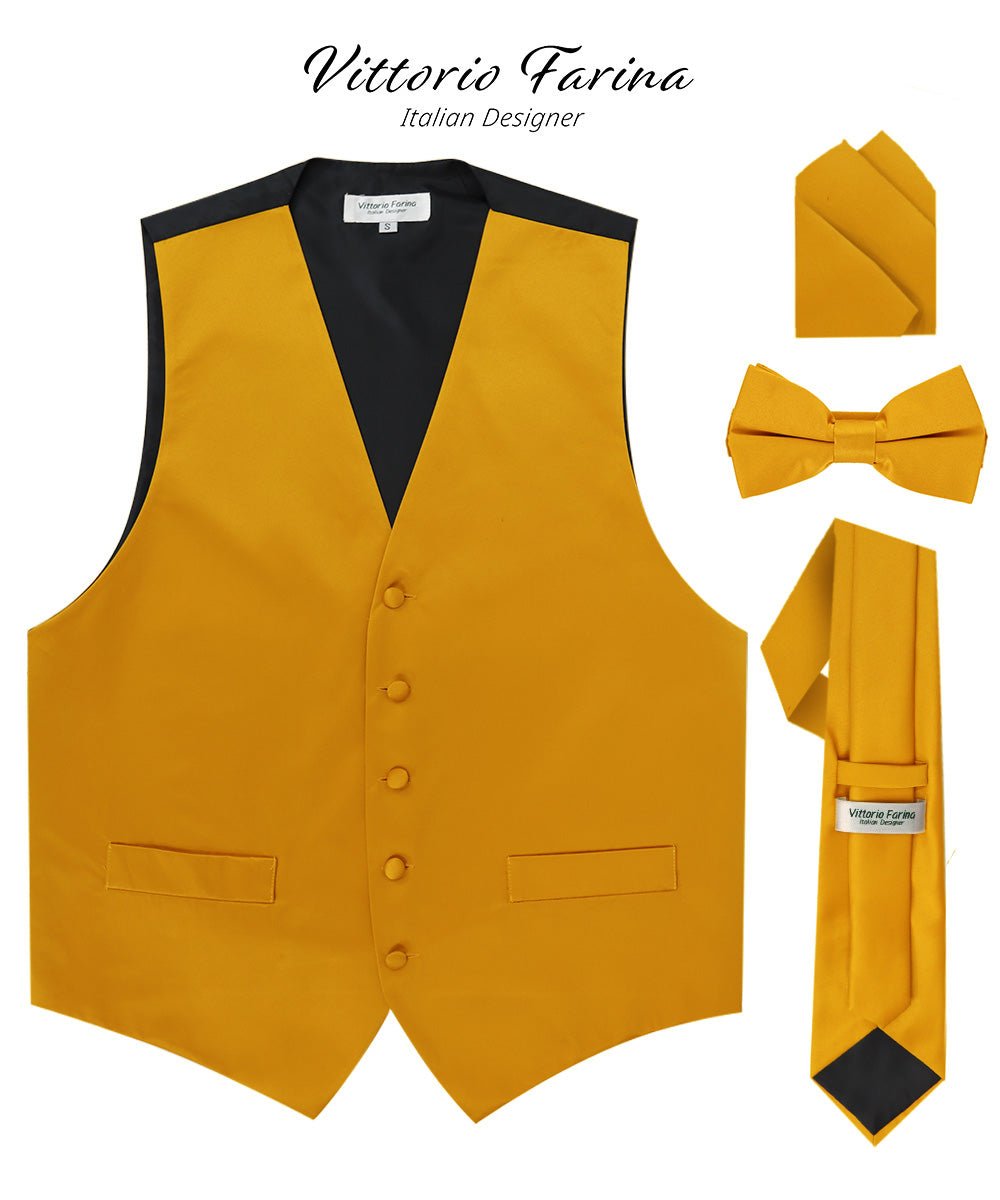 Vittorio Farina Men's Satin Vest, Necktie, Bow Tie and Pocket Square Set (Black Back) - Suits You Sir - Mustard Yellow - XS