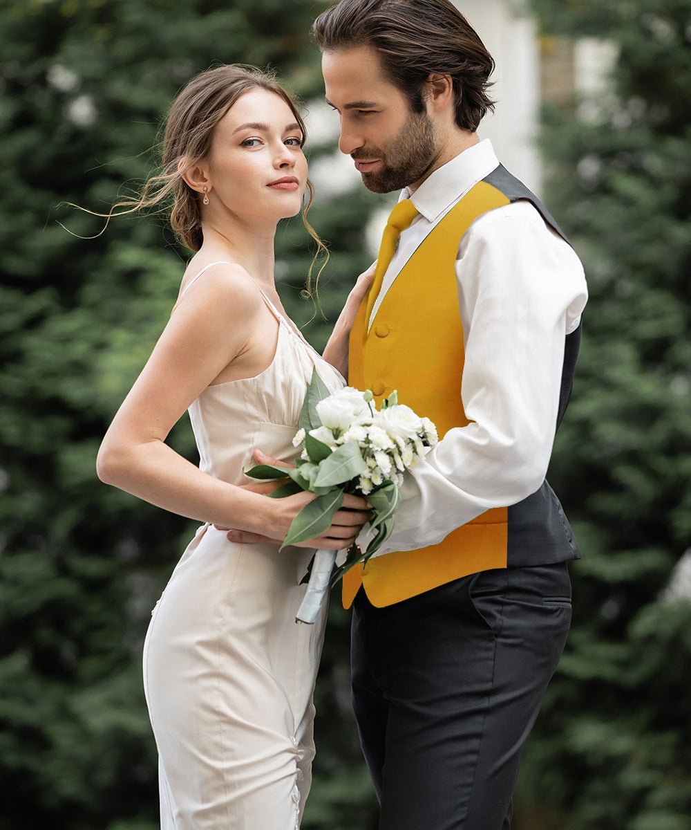 Vittorio Farina Men's Satin Vest, Necktie, Bow Tie and Pocket Square Set (Black Back) - Suits You Sir - Mustard Yellow - XS
