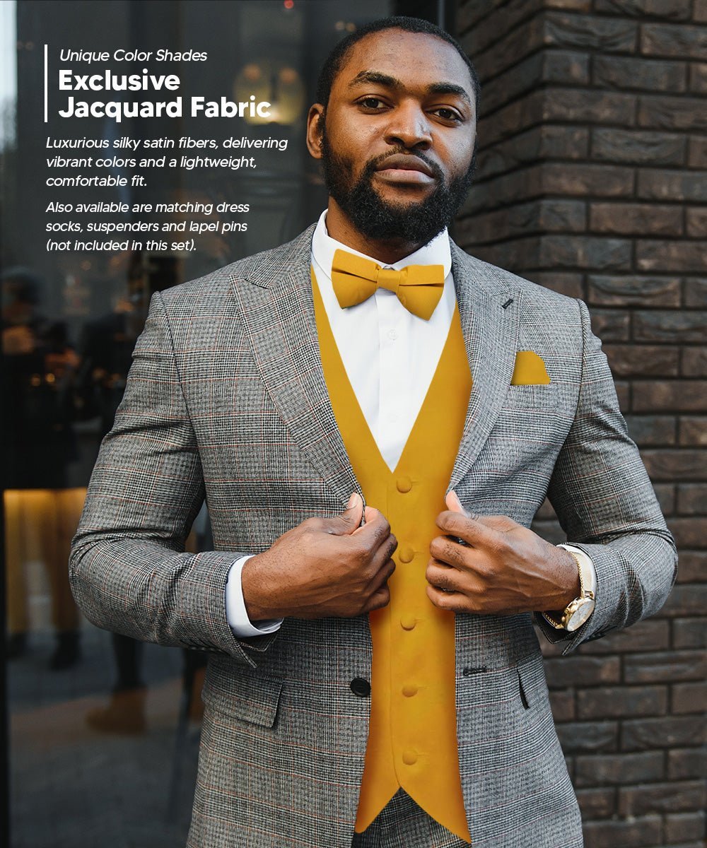 Vittorio Farina Men's Satin Vest, Necktie, Bow Tie and Pocket Square Set (Black Back) - Suits You Sir - Mustard Yellow - XS
