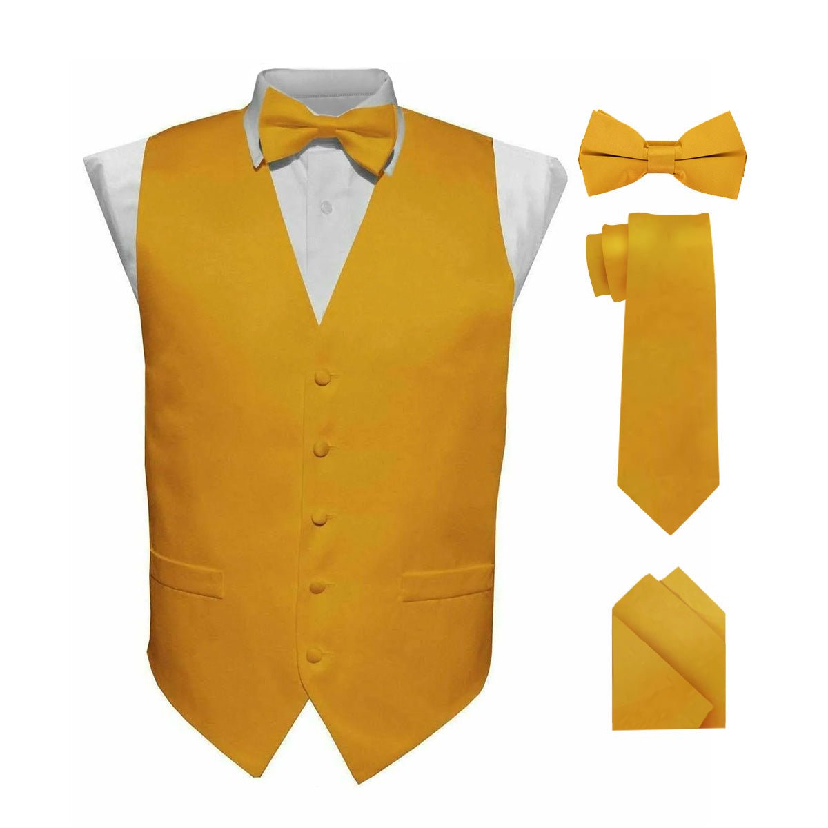 Vittorio Farina Men's Satin Vest, Necktie, Bow Tie and Pocket Square Set (Black Back) - Suits You Sir - Mustard Yellow - XS