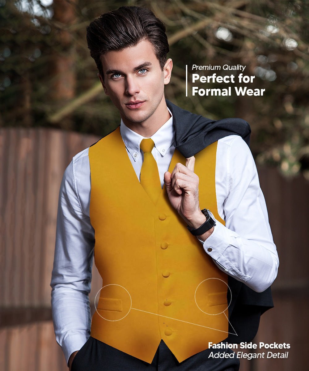 Vittorio Farina Men's Satin Vest, Necktie, Bow Tie and Pocket Square Set (Black Back) - Suits You Sir - Mustard Yellow - XS