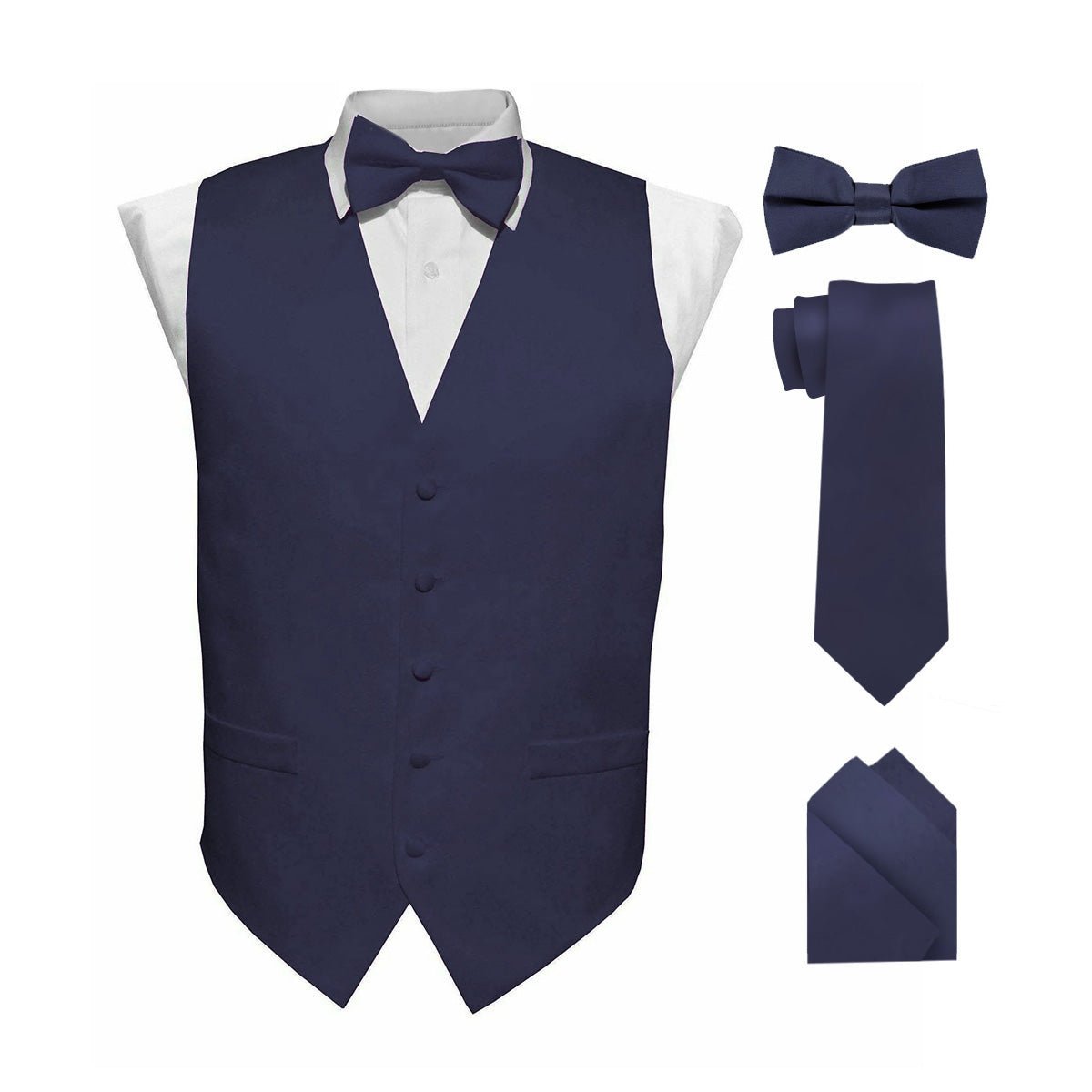 Vittorio Farina Men's Satin Vest, Necktie, Bow Tie and Pocket Square Set (Black Back) - Suits You Sir - Navy Blue - XS