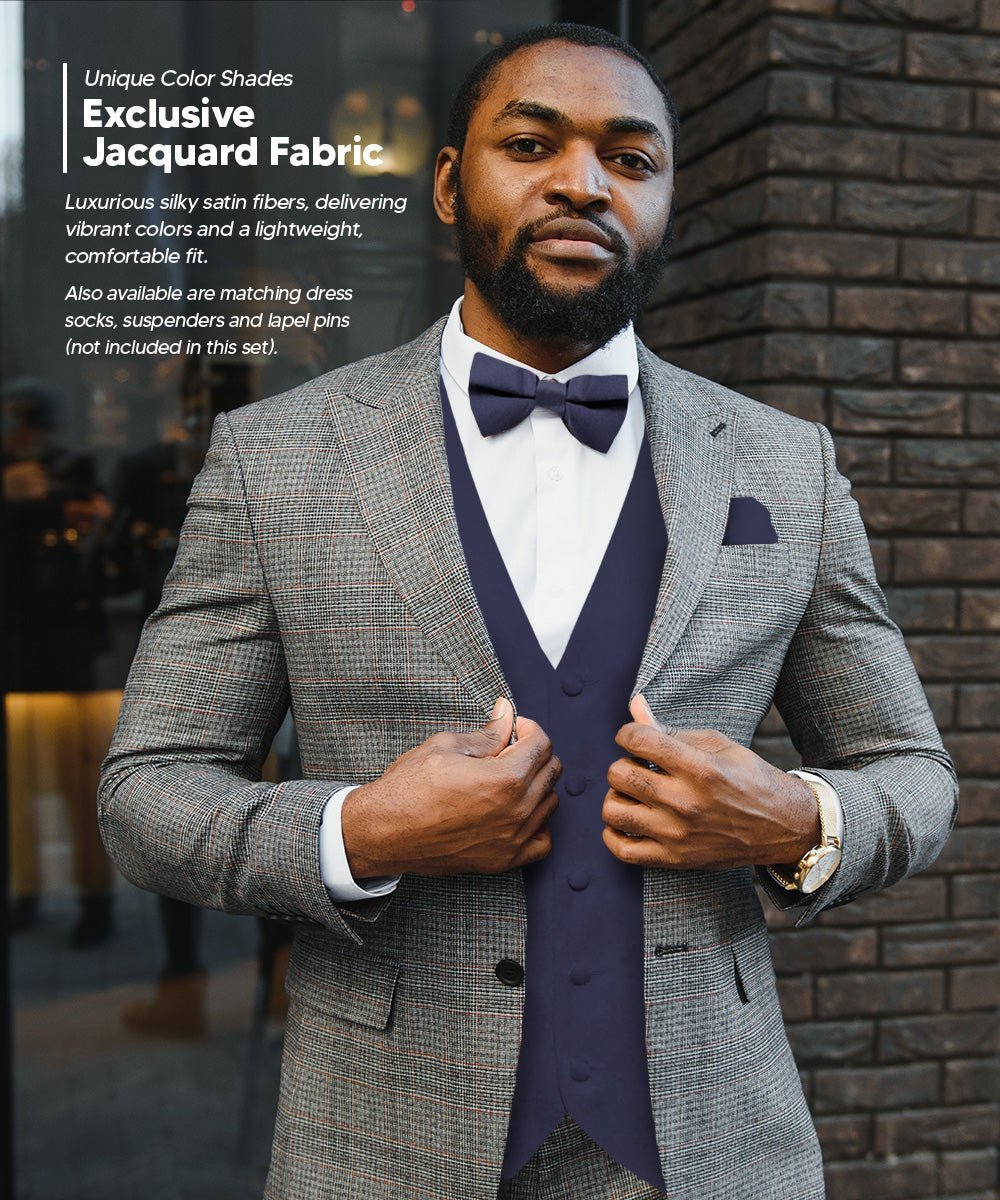 Vittorio Farina Men's Satin Vest, Necktie, Bow Tie and Pocket Square Set (Black Back) - Suits You Sir - Navy Blue - XS