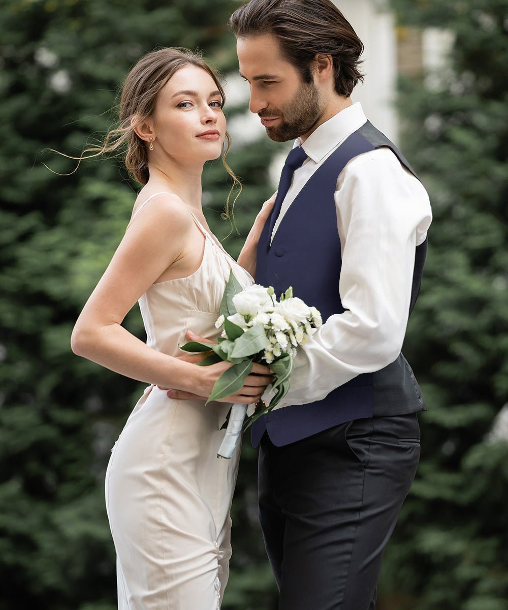 Vittorio Farina Men's Satin Vest, Necktie, Bow Tie and Pocket Square Set (Black Back) - Suits You Sir - Navy Blue - XS