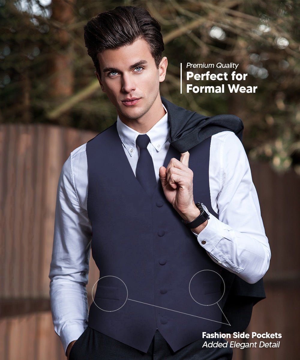 Vittorio Farina Men's Satin Vest, Necktie, Bow Tie and Pocket Square Set (Black Back) - Suits You Sir - Navy Blue - XS