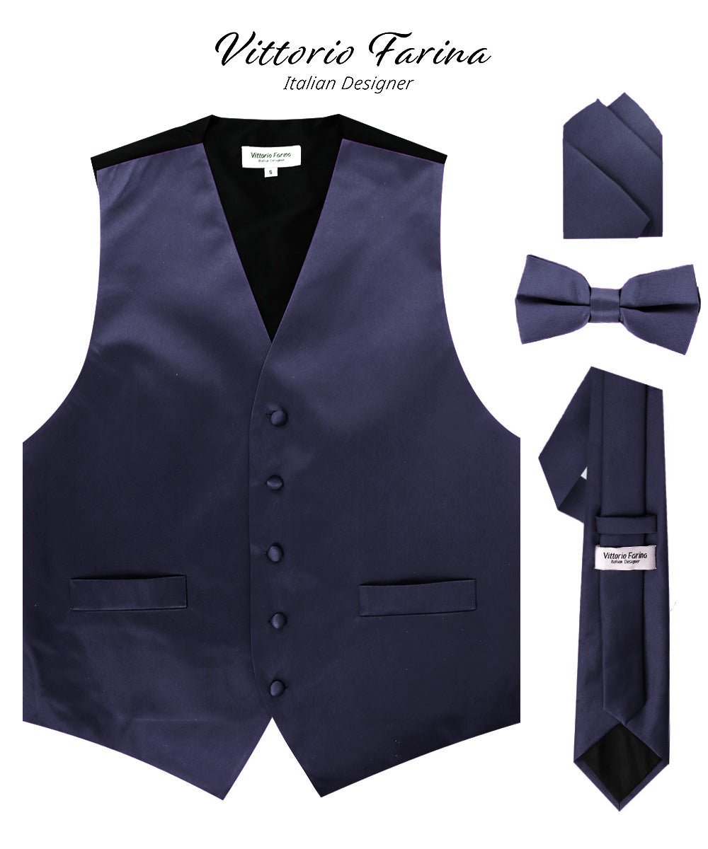 Vittorio Farina Men's Satin Vest, Necktie, Bow Tie and Pocket Square Set (Black Back) - Suits You Sir - Navy Blue - XS