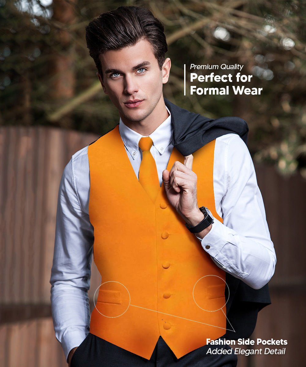 Vittorio Farina Men's Satin Vest, Necktie, Bow Tie and Pocket Square Set (Black Back) - Suits You Sir - Orange - XS