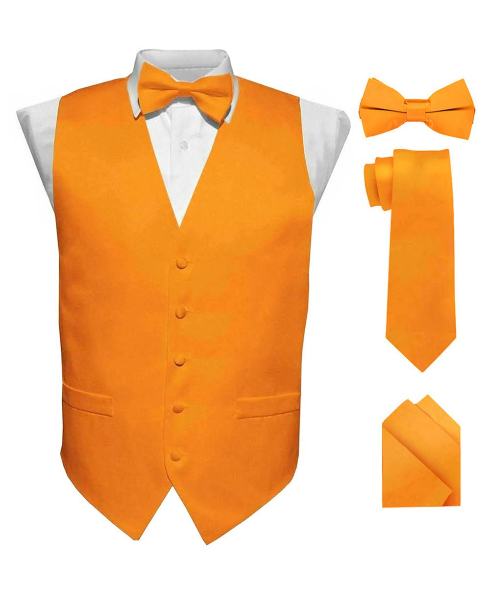 Vittorio Farina Men's Satin Vest, Necktie, Bow Tie and Pocket Square Set (Black Back) - Suits You Sir - Orange - XS