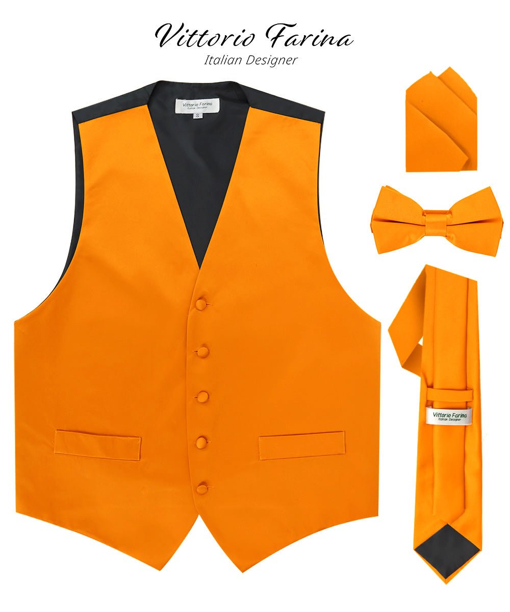 Vittorio Farina Men's Satin Vest, Necktie, Bow Tie and Pocket Square Set (Black Back) - Suits You Sir - Orange - XS