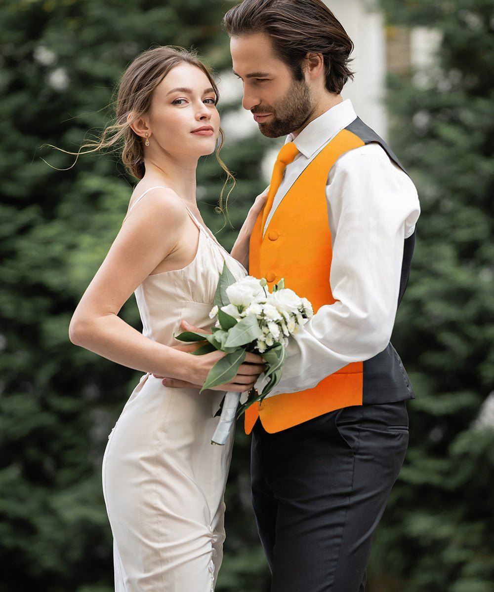 Vittorio Farina Men's Satin Vest, Necktie, Bow Tie and Pocket Square Set (Black Back) - Suits You Sir - Orange - XS