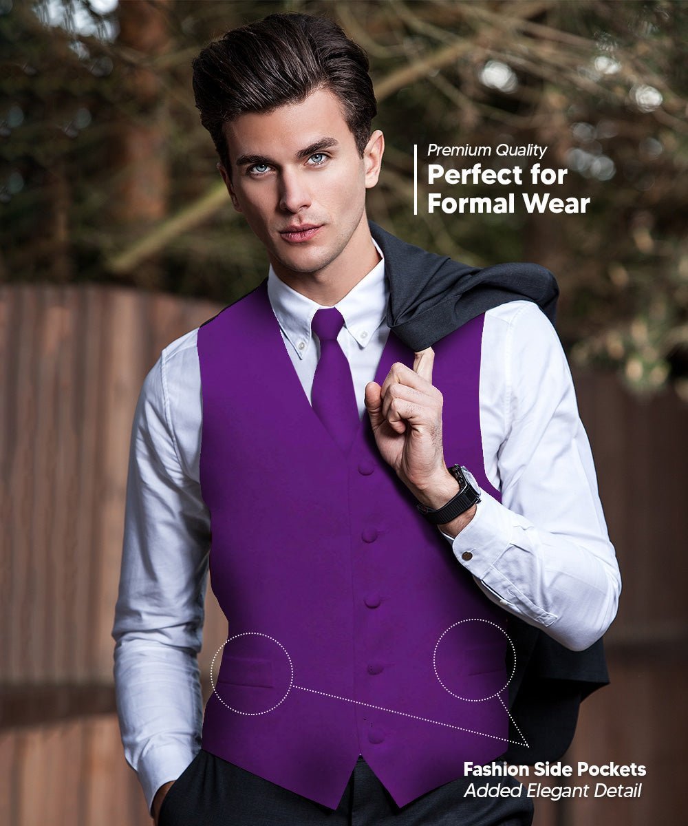 Vittorio Farina Men's Satin Vest, Necktie, Bow Tie and Pocket Square Set (Black Back) - Suits You Sir - Purple - XS