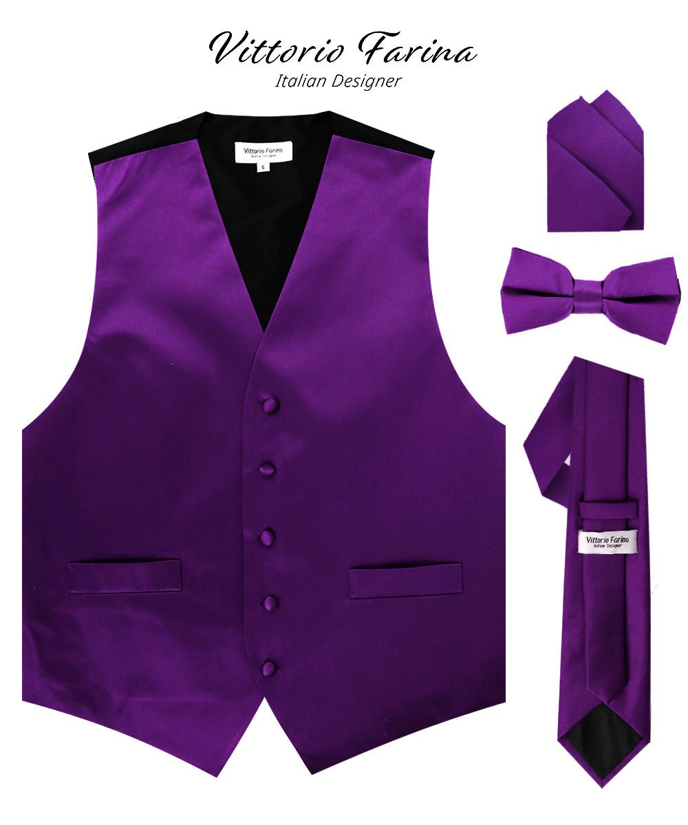 Vittorio Farina Men's Satin Vest, Necktie, Bow Tie and Pocket Square Set (Black Back) - Suits You Sir - Purple - XS