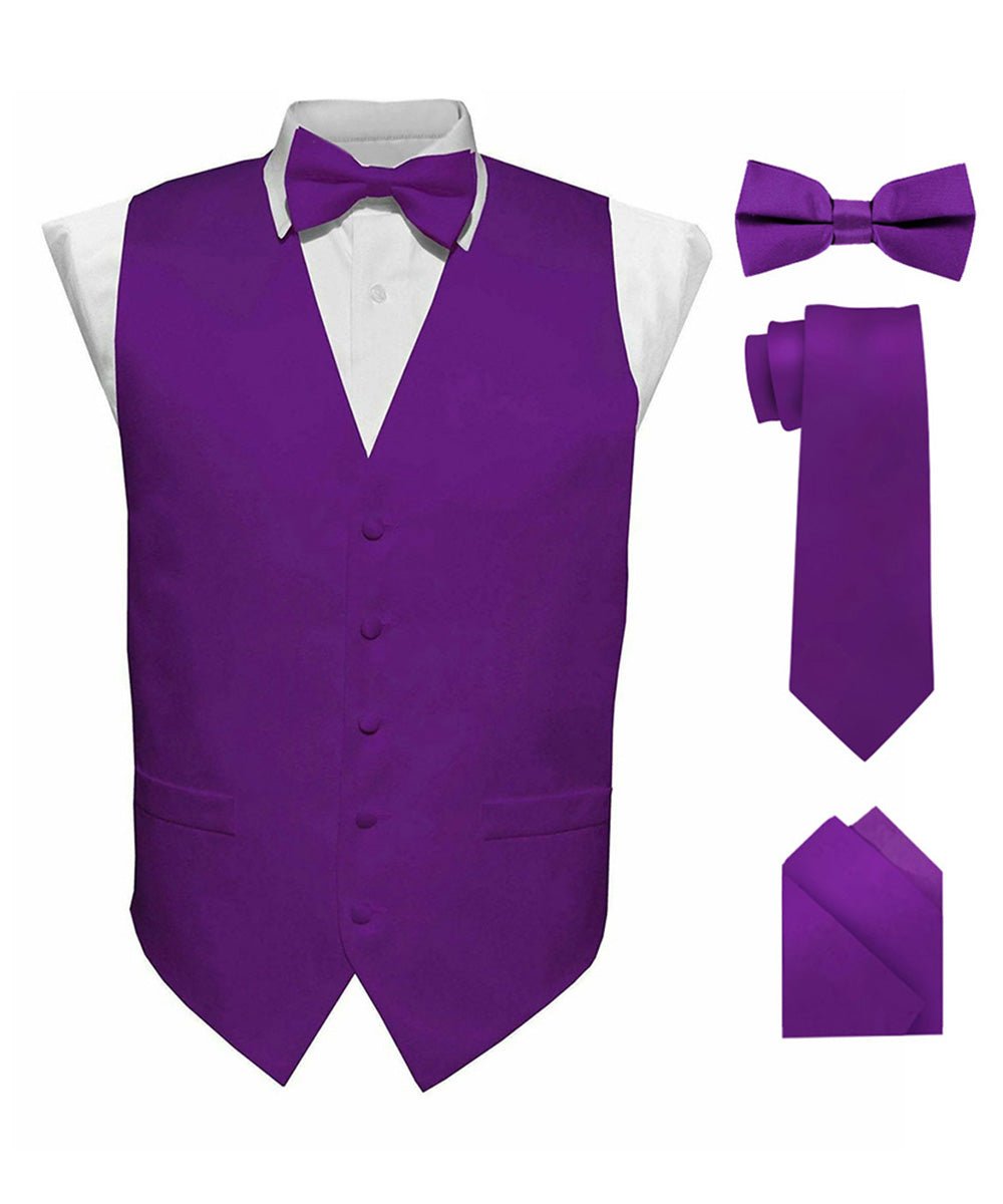 Vittorio Farina Men's Satin Vest, Necktie, Bow Tie and Pocket Square Set (Black Back) - Suits You Sir - Purple - XS