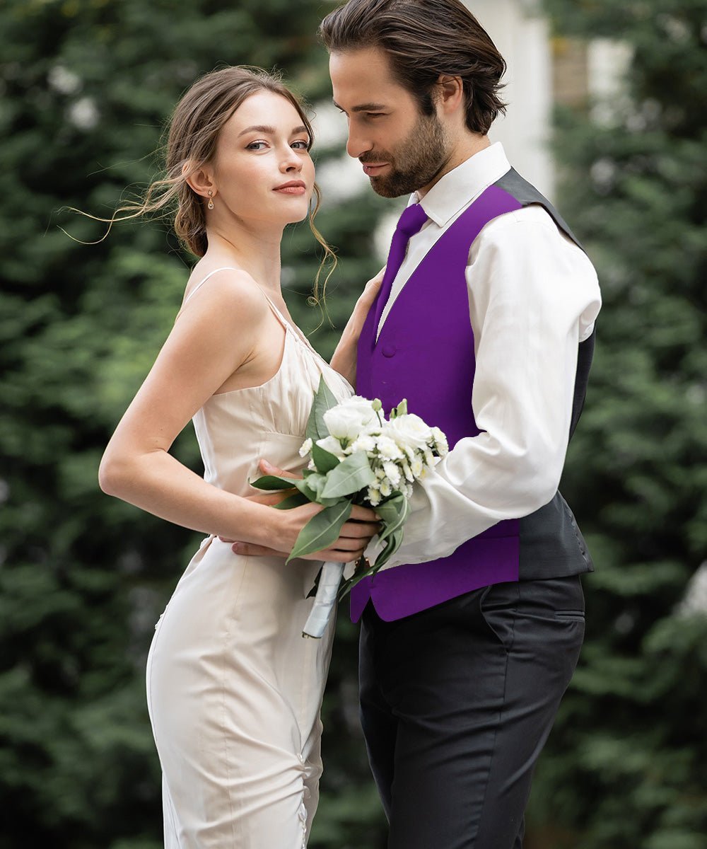 Vittorio Farina Men's Satin Vest, Necktie, Bow Tie and Pocket Square Set (Black Back) - Suits You Sir - Purple - XS