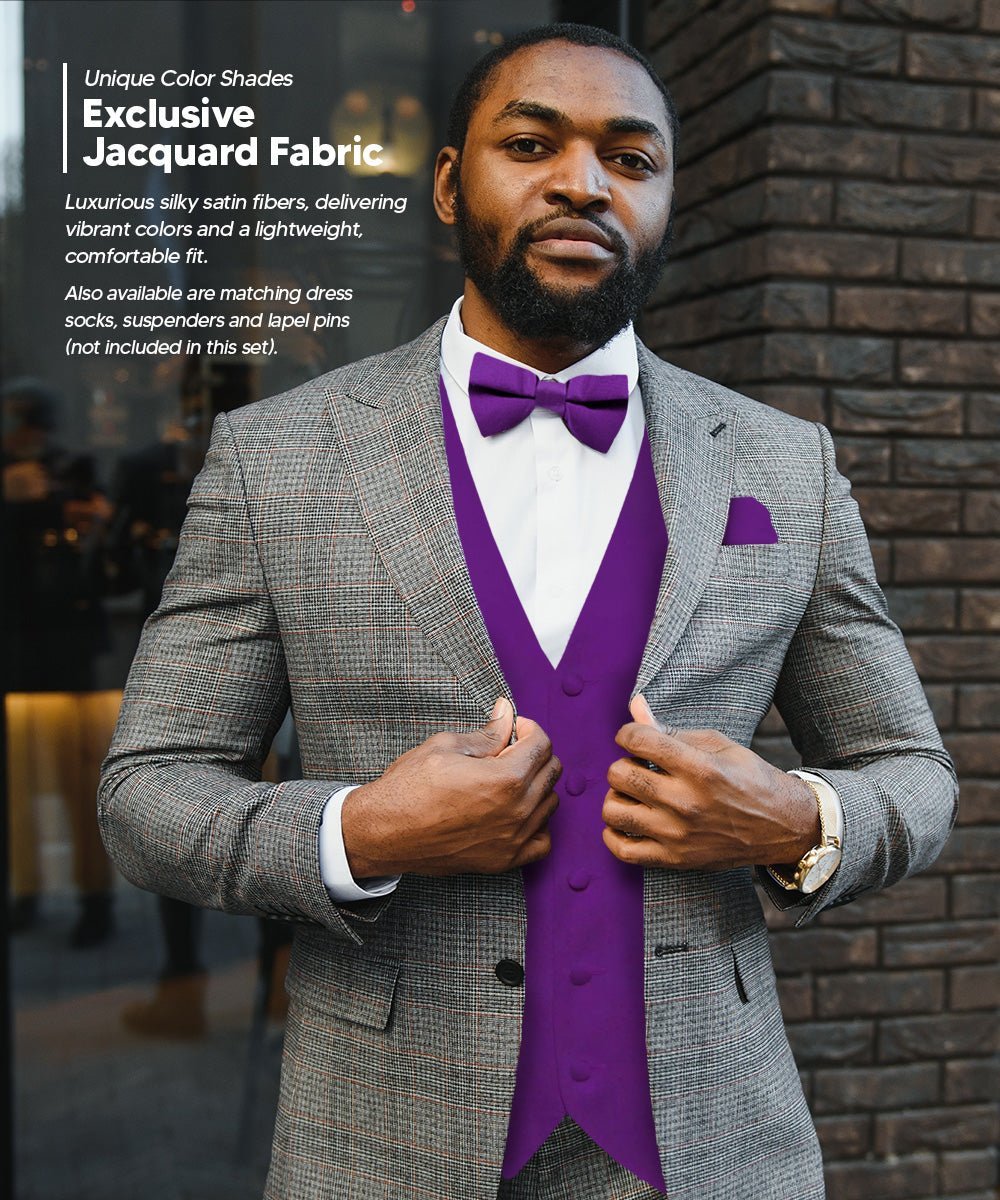 Vittorio Farina Men's Satin Vest, Necktie, Bow Tie and Pocket Square Set (Black Back) - Suits You Sir - Purple - XS