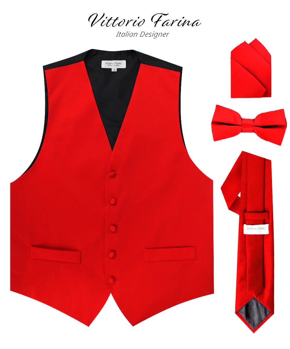 Vittorio Farina Men's Satin Vest, Necktie, Bow Tie and Pocket Square Set (Black Back) - Suits You Sir - Red - XS