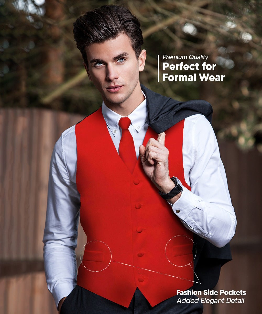 Vittorio Farina Men's Satin Vest, Necktie, Bow Tie and Pocket Square Set (Black Back) - Suits You Sir - Red - XS