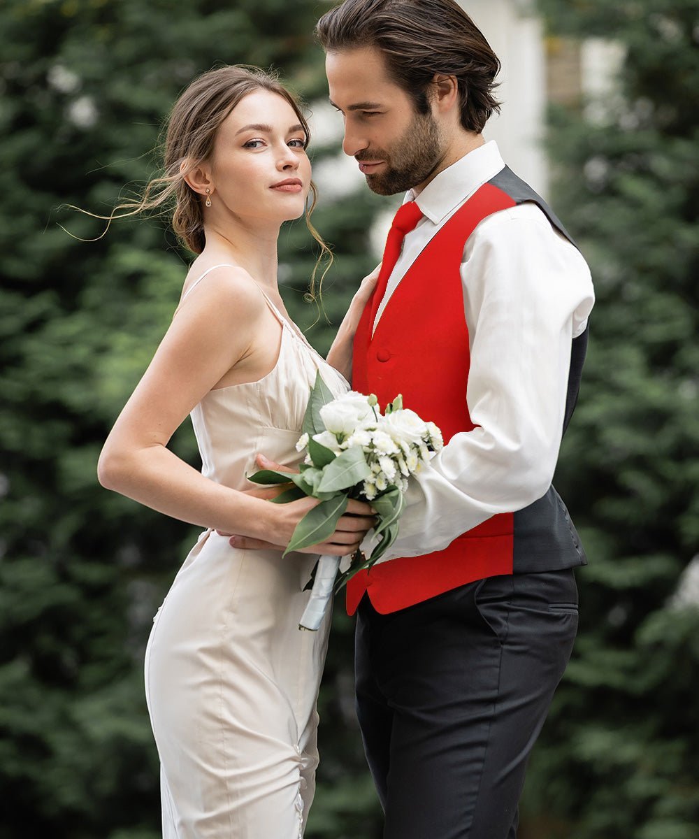 Vittorio Farina Men's Satin Vest, Necktie, Bow Tie and Pocket Square Set (Black Back) - Suits You Sir - Red - XS