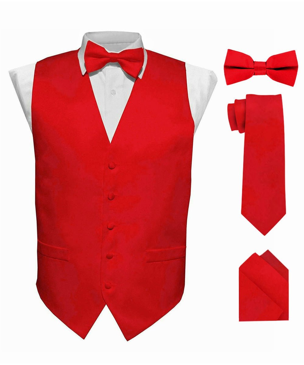 Vittorio Farina Men's Satin Vest, Necktie, Bow Tie and Pocket Square Set (Black Back) - Suits You Sir - Red - XS