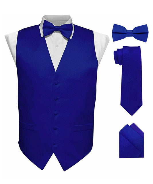 Vittorio Farina Men's Satin Vest, Necktie, Bow Tie and Pocket Square Set (Black Back) - Suits You Sir - Royal Blue - XS