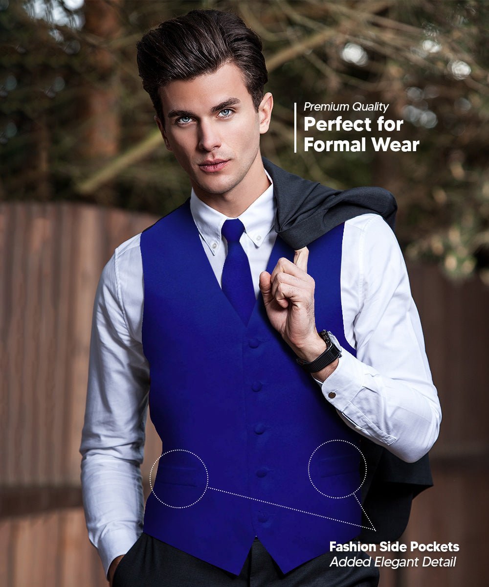 Vittorio Farina Men's Satin Vest, Necktie, Bow Tie and Pocket Square Set (Black Back) - Suits You Sir - Royal Blue - XS